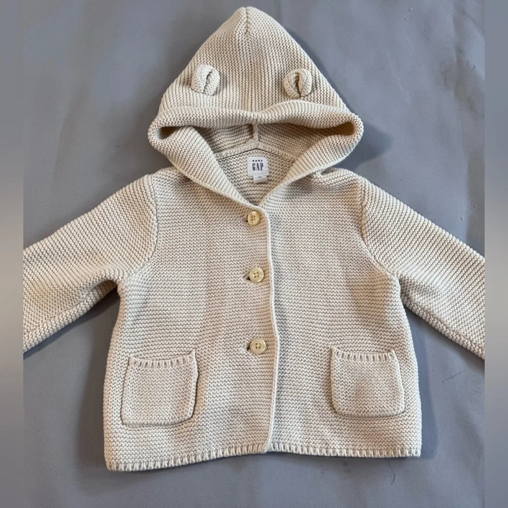 Baby Gap Baby Sweater 3-6 Months Hooded Cardigan Brannan Bear Beige‎ Ears Cotton